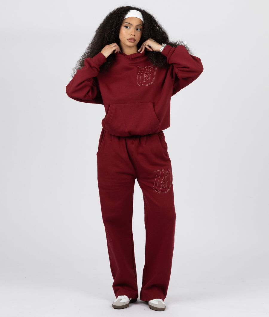 BURGUNDY EMBROIDERED WIDE LEG SWEATPANTS