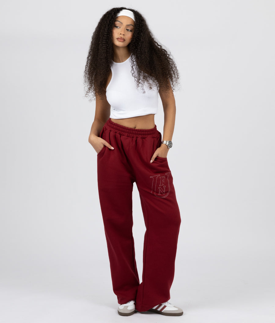 BURGUNDY EMBROIDERED WIDE LEG SWEATPANTS