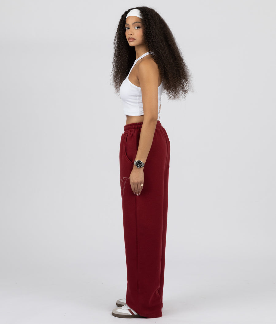 BURGUNDY EMBROIDERED WIDE LEG SWEATPANTS